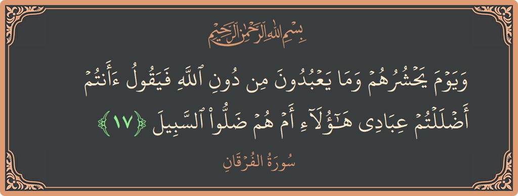 آیت 17 - سورۃ الفرقان: (ويوم يحشرهم وما يعبدون من دون الله فيقول أأنتم أضللتم عبادي هؤلاء أم هم ضلوا السبيل...) - اردو