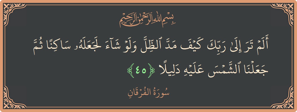 الآية 45 - سورة الفرقان: (ألم تر إلى ربك كيف مد الظل ولو شاء لجعله ساكنا ثم جعلنا الشمس عليه دليلا...)