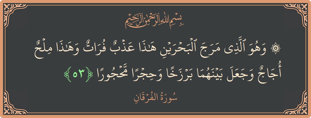 آیت 53 - سورۃ الفرقان: (۞ وهو الذي مرج البحرين هذا عذب فرات وهذا ملح أجاج وجعل بينهما برزخا وحجرا محجورا...) - اردو