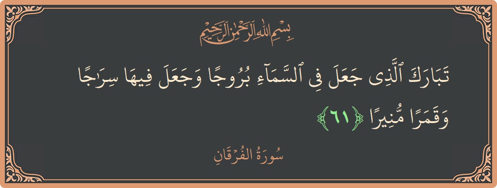 Verse 61 - Surah Al-Furqaan: (تبارك الذي جعل في السماء بروجا وجعل فيها سراجا وقمرا منيرا...) - English