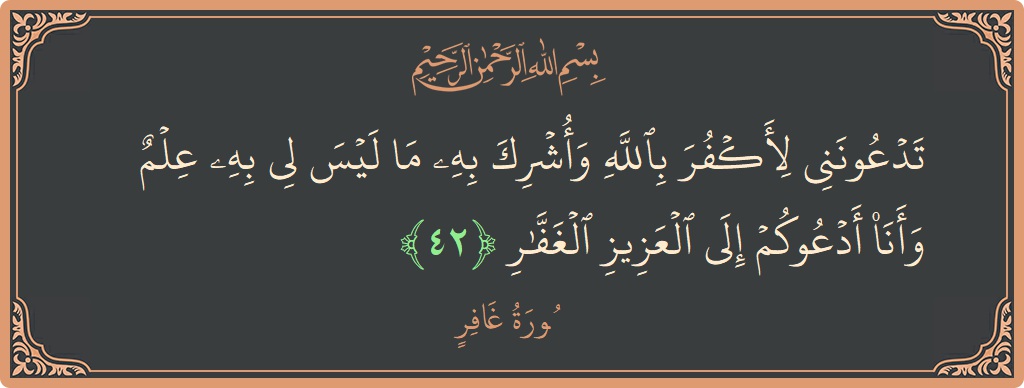 آیت 42 - سورہ غافر: (تدعونني لأكفر بالله وأشرك به ما ليس لي به علم وأنا أدعوكم إلى العزيز الغفار...) - اردو