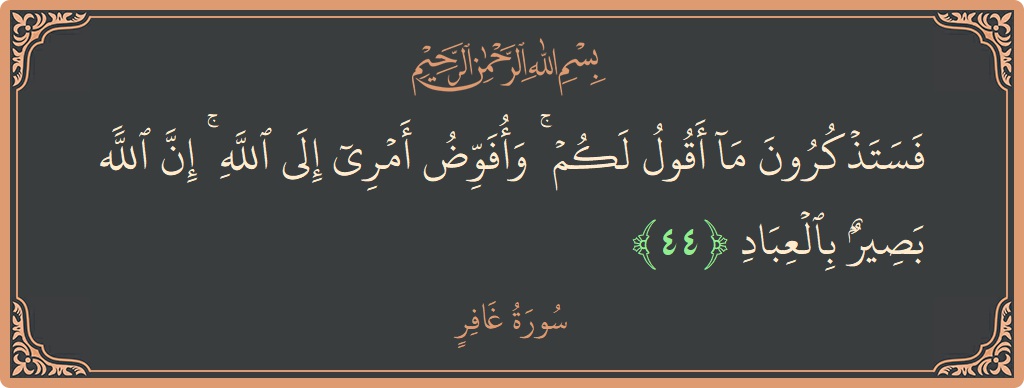 الآية 44 - سورة غافر: (فستذكرون ما أقول لكم ۚ وأفوض أمري إلى الله ۚ إن الله بصير بالعباد...)