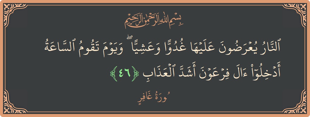 آیت 46 - سورہ غافر: (النار يعرضون عليها غدوا وعشيا ۖ ويوم تقوم الساعة أدخلوا آل فرعون أشد العذاب...) - اردو