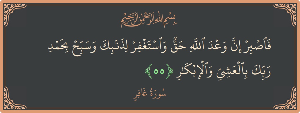 آیت 55 - سورہ غافر: (فاصبر إن وعد الله حق واستغفر لذنبك وسبح بحمد ربك بالعشي والإبكار...) - اردو