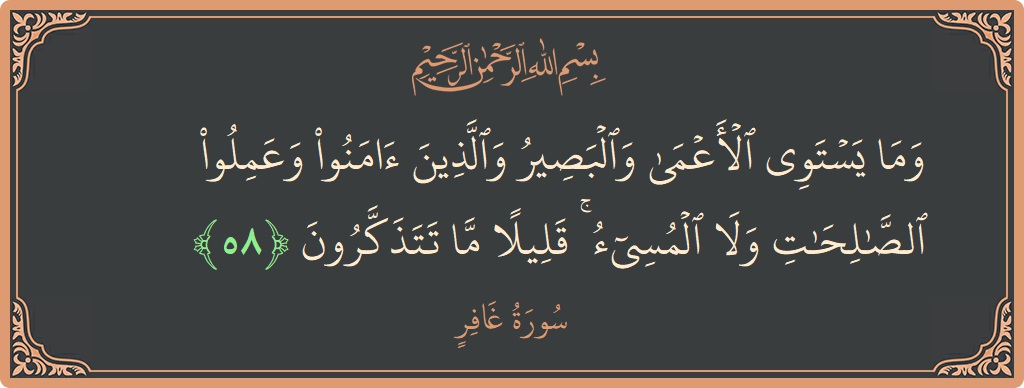 آیت 58 - سورہ غافر: (وما يستوي الأعمى والبصير والذين آمنوا وعملوا الصالحات ولا المسيء ۚ قليلا ما تتذكرون...) - اردو