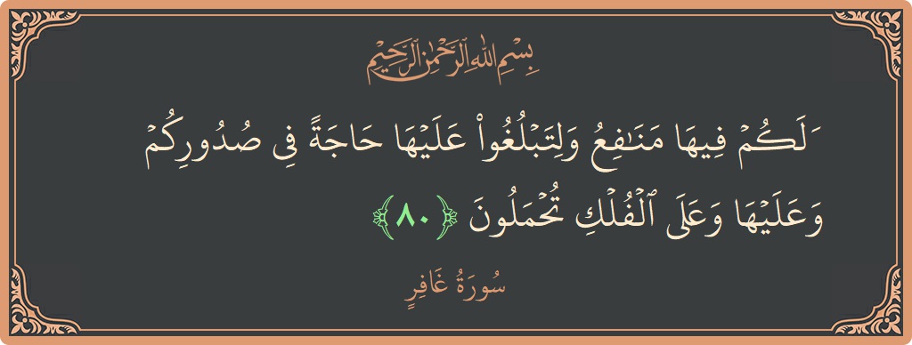 آیت 80 - سورہ غافر: (ولكم فيها منافع ولتبلغوا عليها حاجة في صدوركم وعليها وعلى الفلك تحملون...) - اردو