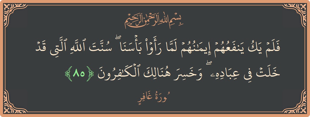 آیت 85 - سورہ غافر: (فلم يك ينفعهم إيمانهم لما رأوا بأسنا ۖ سنت الله التي قد خلت في عباده ۖ وخسر هنالك الكافرون...) - اردو