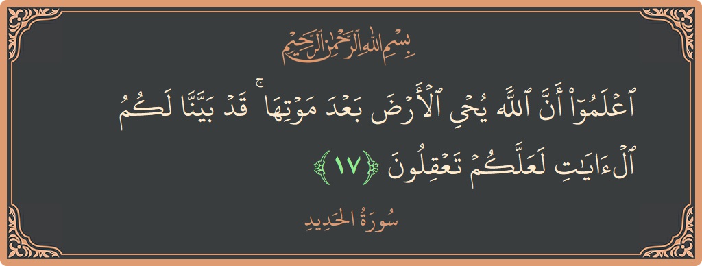 الآية 17 - سورة الحديد: (اعلموا أن الله يحيي الأرض بعد موتها ۚ قد بينا لكم الآيات لعلكم تعقلون...)