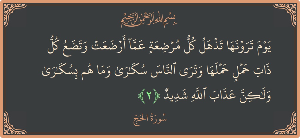 الآية 2 - سورة الحج: (يوم ترونها تذهل كل مرضعة عما أرضعت وتضع كل ذات حمل حملها وترى الناس سكارى وما هم بسكارى ولكن عذاب...)