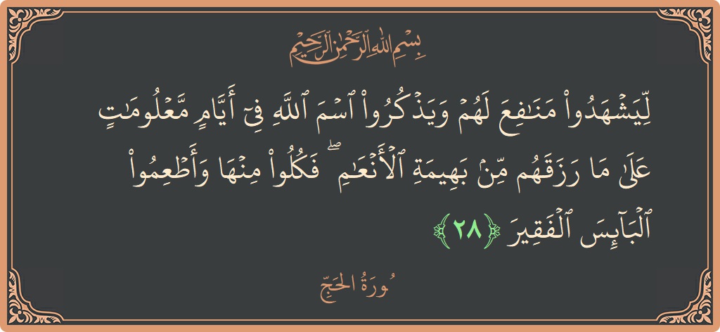 Ayat 28 - Surat Al Haji: (ليشهدوا منافع لهم ويذكروا اسم الله في أيام معلومات على ما رزقهم من بهيمة الأنعام ۖ فكلوا منها وأطعموا البائس...) - Indonesia