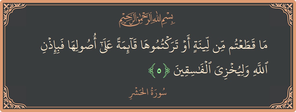 Verse 5 - Surah Al-Hashr: (ما قطعتم من لينة أو تركتموها قائمة على أصولها فبإذن الله وليخزي الفاسقين...) - English