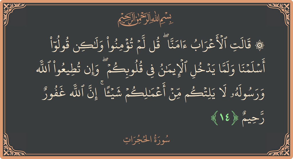 Verse 14 - Surah Al-Hujuraat: (۞ قالت الأعراب آمنا ۖ قل لم تؤمنوا ولكن قولوا أسلمنا ولما يدخل الإيمان في قلوبكم ۖ وإن تطيعوا الله...) - English