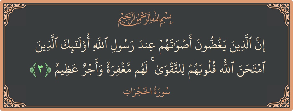 آیت 3 - سورۃ الحجرات: (إن الذين يغضون أصواتهم عند رسول الله أولئك الذين امتحن الله قلوبهم للتقوى ۚ لهم مغفرة وأجر عظيم...) - اردو