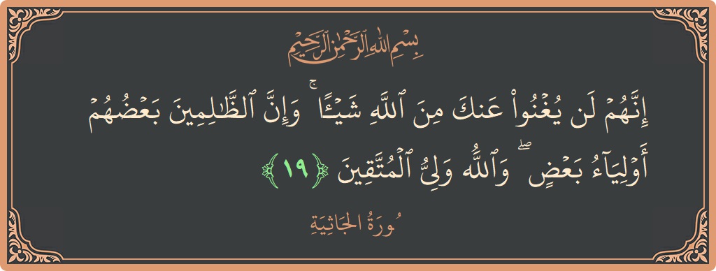 الآية 19 - سورة الجاثية: (إنهم لن يغنوا عنك من الله شيئا ۚ وإن الظالمين بعضهم أولياء بعض ۖ والله ولي المتقين...)
