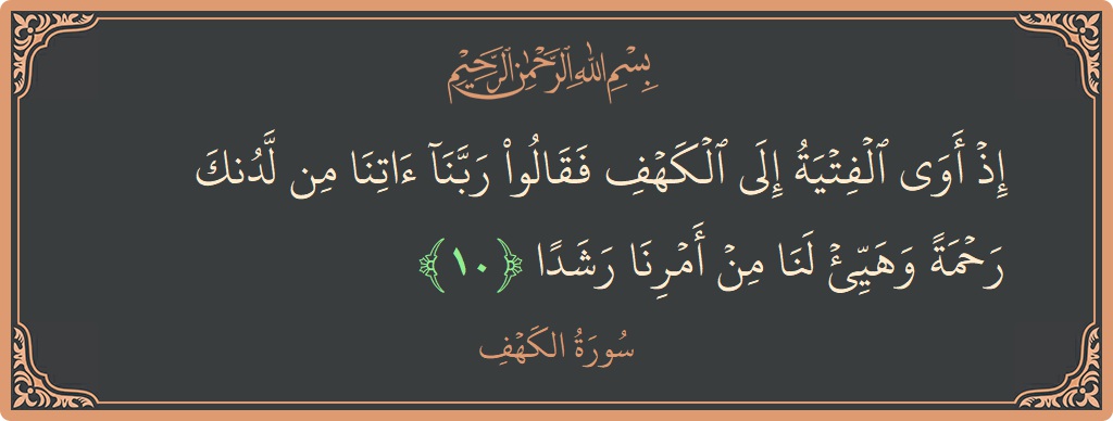 Verse 10 - Surah Al-Kahf: (إذ أوى الفتية إلى الكهف فقالوا ربنا آتنا من لدنك رحمة وهيئ لنا من أمرنا رشدا...) - English