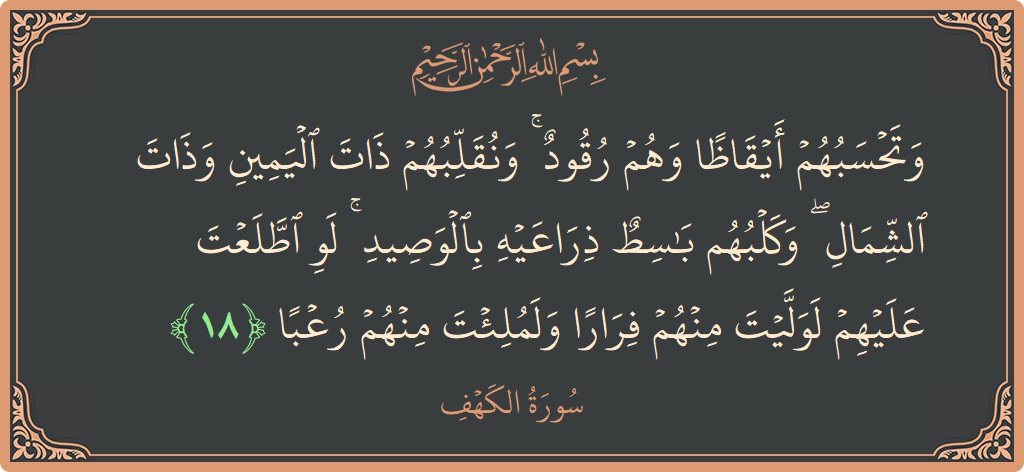 Verse 18 - Surah Al-Kahf: (وتحسبهم أيقاظا وهم رقود ۚ ونقلبهم ذات اليمين وذات الشمال ۖ وكلبهم باسط ذراعيه بالوصيد ۚ لو اطلعت عليهم لوليت...) - English
