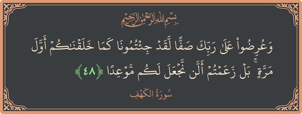 Verse 48 - Surah Al-Kahf: (وعرضوا على ربك صفا لقد جئتمونا كما خلقناكم أول مرة ۚ بل زعمتم ألن نجعل لكم موعدا...) - English