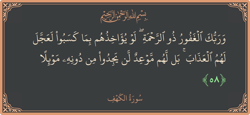 Verse 58 - Surah Al-Kahf: (وربك الغفور ذو الرحمة ۖ لو يؤاخذهم بما كسبوا لعجل لهم العذاب ۚ بل لهم موعد لن يجدوا من دونه...) - English
