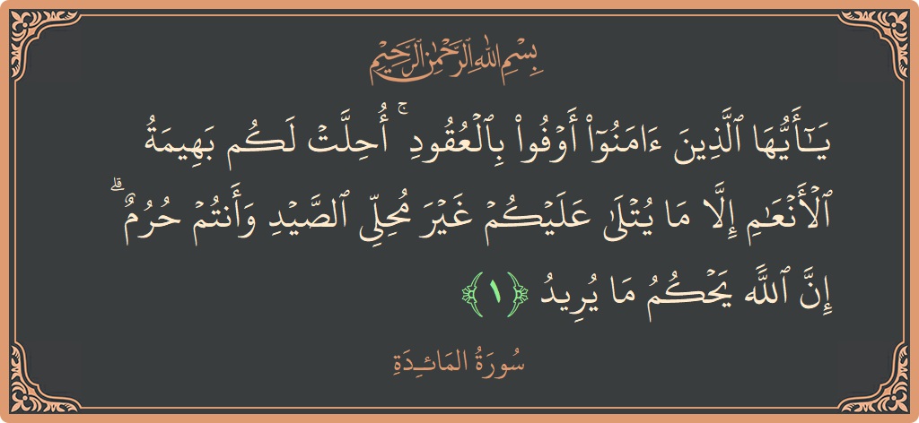 Verse 1 - Surah Al-Maaida: (يا أيها الذين آمنوا أوفوا بالعقود ۚ أحلت لكم بهيمة الأنعام إلا ما يتلى عليكم غير محلي الصيد وأنتم حرم...) - English
