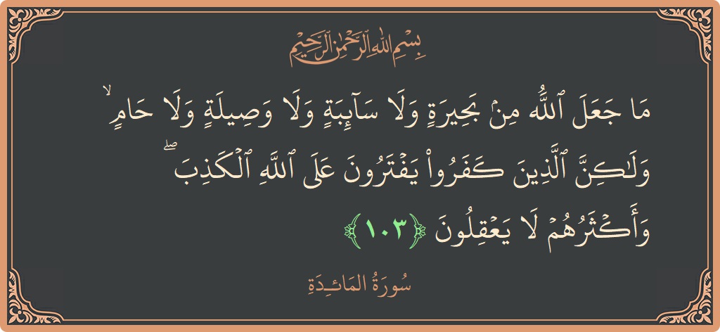 آیت 103 - سورۃ المائدہ: (ما جعل الله من بحيرة ولا سائبة ولا وصيلة ولا حام ۙ ولكن الذين كفروا يفترون على الله الكذب ۖ...) - اردو