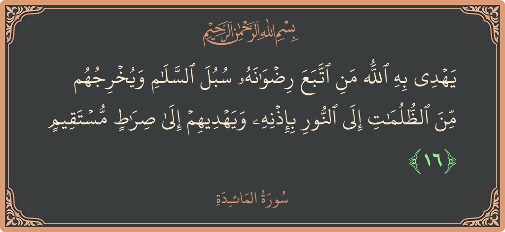 Ayat 16 - Surat Al Maidah: (يهدي به الله من اتبع رضوانه سبل السلام ويخرجهم من الظلمات إلى النور بإذنه ويهديهم إلى صراط مستقيم...) - Indonesia
