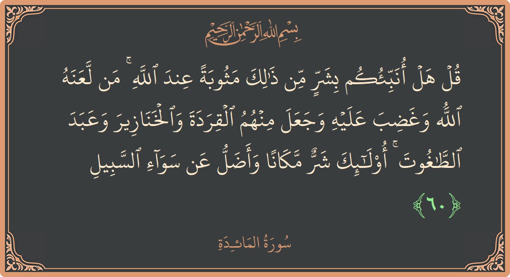 Verse 60 - Surah Al-Maaida: (قل هل أنبئكم بشر من ذلك مثوبة عند الله ۚ من لعنه الله وغضب عليه وجعل منهم القردة والخنازير وعبد...) - English