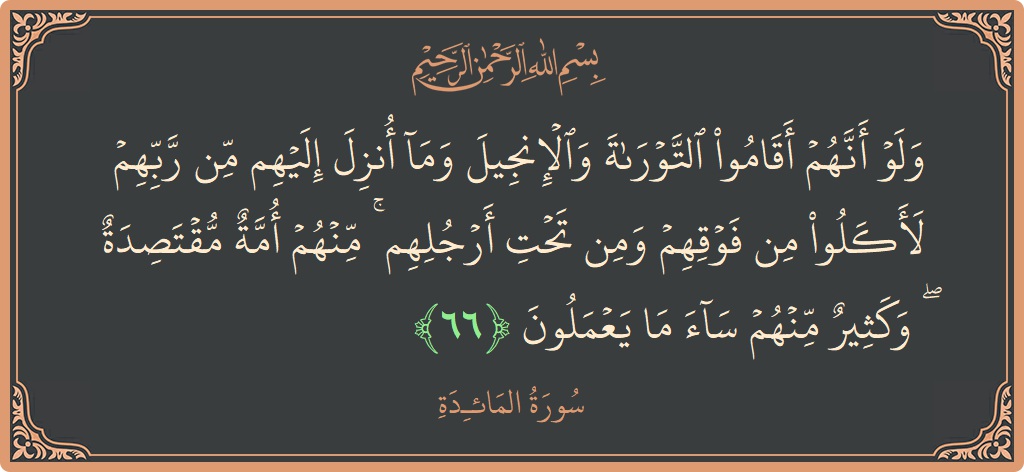 الآية 66 - سورة المائدة: (ولو أنهم أقاموا التوراة والإنجيل وما أنزل إليهم من ربهم لأكلوا من فوقهم ومن تحت أرجلهم ۚ منهم أمة مقتصدة...)