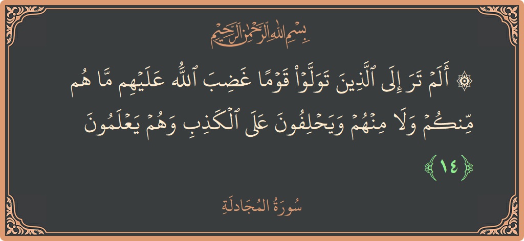 آیت 14 - سورۃ المجادلہ: (۞ ألم تر إلى الذين تولوا قوما غضب الله عليهم ما هم منكم ولا منهم ويحلفون على الكذب وهم يعلمون...) - اردو