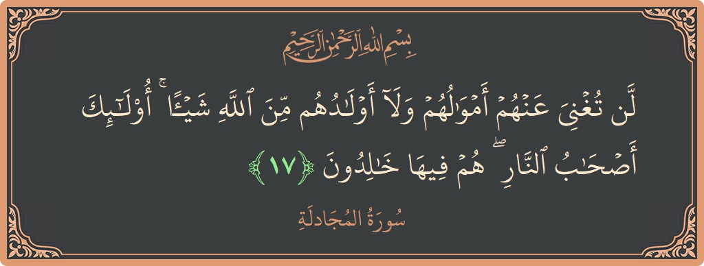 آیت 17 - سورۃ المجادلہ: (لن تغني عنهم أموالهم ولا أولادهم من الله شيئا ۚ أولئك أصحاب النار ۖ هم فيها خالدون...) - اردو