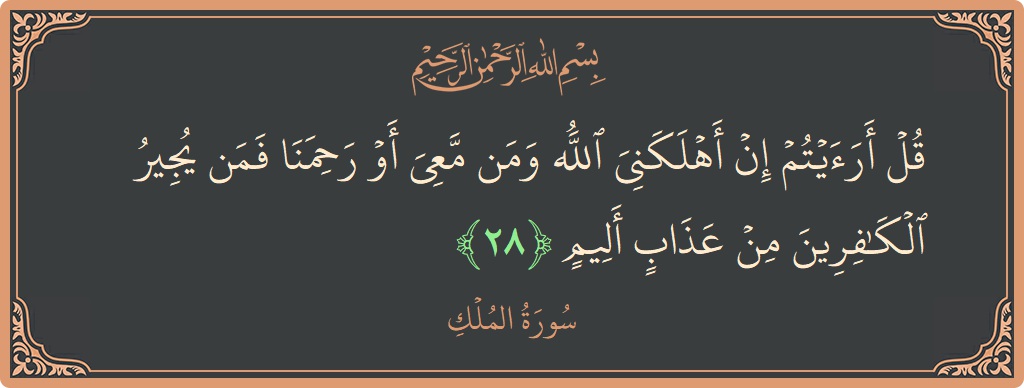 آیت 28 - سورۃ الملک: (قل أرأيتم إن أهلكني الله ومن معي أو رحمنا فمن يجير الكافرين من عذاب أليم...) - اردو