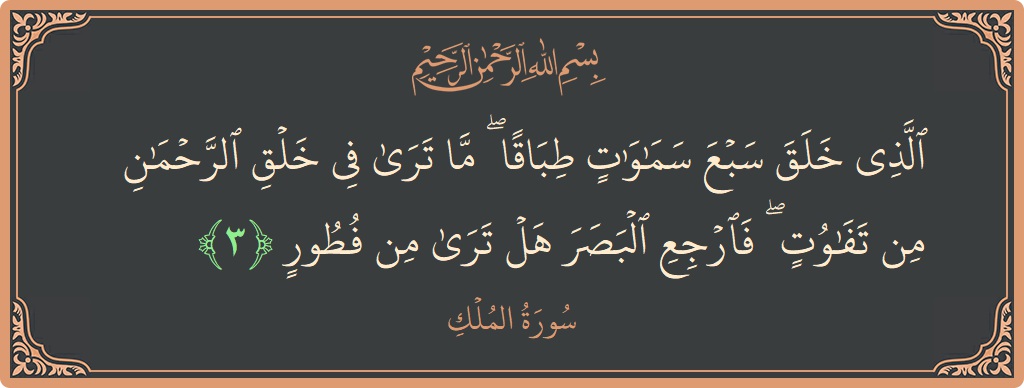 Verse 3 - Surah Al-Mulk: (الذي خلق سبع سماوات طباقا ۖ ما ترى في خلق الرحمن من تفاوت ۖ فارجع البصر هل ترى من فطور...) - English