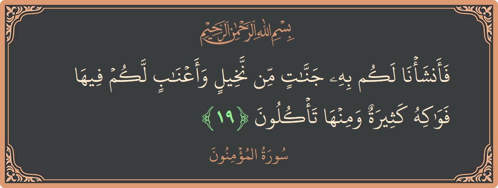 19 - Müminun Suresi ayeti: (فأنشأنا لكم به جنات من نخيل وأعناب لكم فيها فواكه كثيرة ومنها تأكلون...) - Türkçe