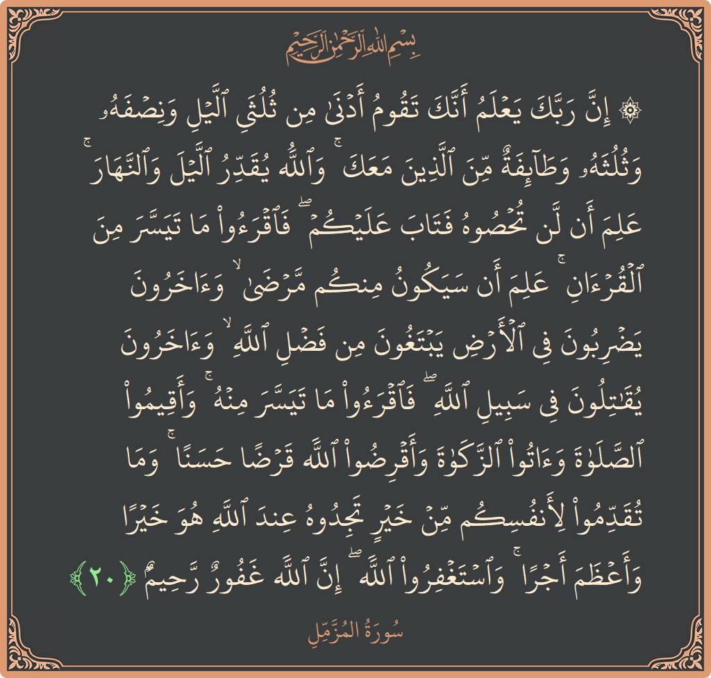 الآية 20 - سورة المزمل: (۞ إن ربك يعلم أنك تقوم أدنى من ثلثي الليل ونصفه وثلثه وطائفة من الذين معك ۚ والله يقدر الليل...)