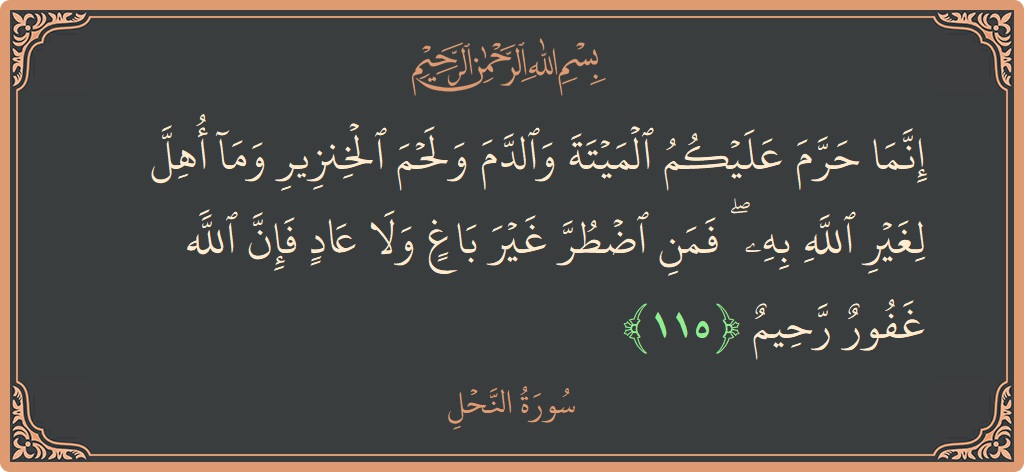 Verse 115 - Surah An-Nahl: (إنما حرم عليكم الميتة والدم ولحم الخنزير وما أهل لغير الله به ۖ فمن اضطر غير باغ ولا عاد فإن...) - English