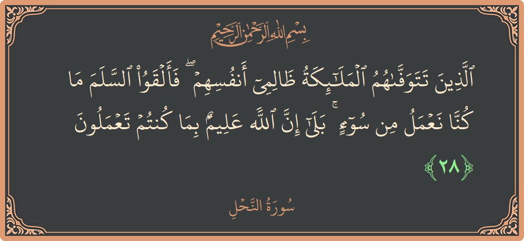 الآية 28 - سورة النحل: (الذين تتوفاهم الملائكة ظالمي أنفسهم ۖ فألقوا السلم ما كنا نعمل من سوء ۚ بلى إن الله عليم بما كنتم...)