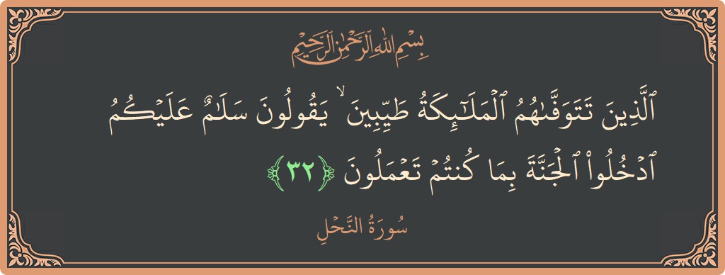 الآية 32 - سورة النحل: (الذين تتوفاهم الملائكة طيبين ۙ يقولون سلام عليكم ادخلوا الجنة بما كنتم تعملون...)