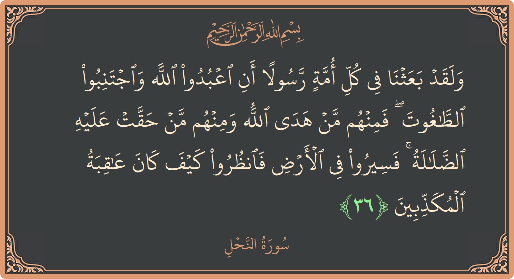 الآية 36 - سورة النحل: (ولقد بعثنا في كل أمة رسولا أن اعبدوا الله واجتنبوا الطاغوت ۖ فمنهم من هدى الله ومنهم من حقت عليه...)