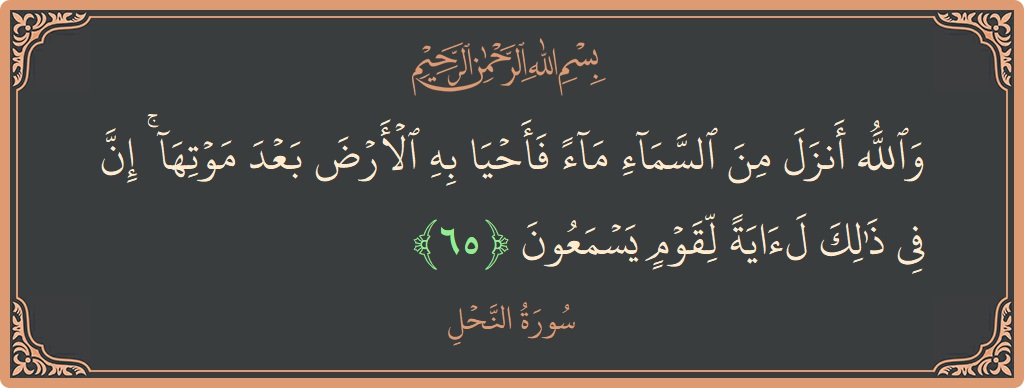 Verse 65 - Surah An-Nahl: (والله أنزل من السماء ماء فأحيا به الأرض بعد موتها ۚ إن في ذلك لآية لقوم يسمعون...) - English