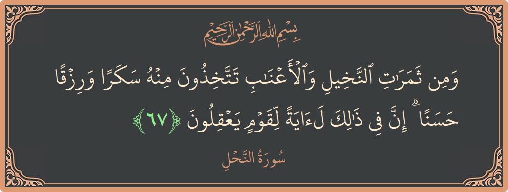 آیت 67 - سورہ نحل: (ومن ثمرات النخيل والأعناب تتخذون منه سكرا ورزقا حسنا ۗ إن في ذلك لآية لقوم يعقلون...) - اردو