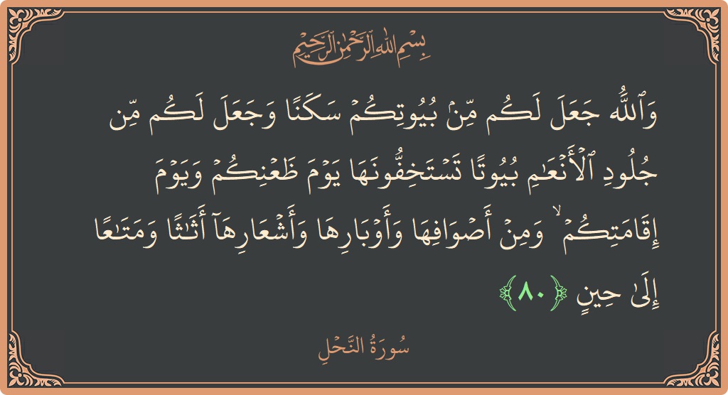 الآية 80 - سورة النحل: (والله جعل لكم من بيوتكم سكنا وجعل لكم من جلود الأنعام بيوتا تستخفونها يوم ظعنكم ويوم إقامتكم ۙ ومن أصوافها...)