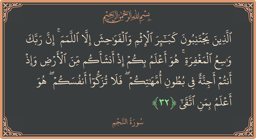 آیت 32 - سورہ نجم: (الذين يجتنبون كبائر الإثم والفواحش إلا اللمم ۚ إن ربك واسع المغفرة ۚ هو أعلم بكم إذ أنشأكم من الأرض...) - اردو