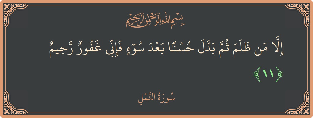 Verse 11 - Surah An-Naml: (إلا من ظلم ثم بدل حسنا بعد سوء فإني غفور رحيم...) - English