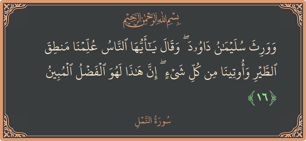 16 - Neml Suresi ayeti: (وورث سليمان داوود ۖ وقال يا أيها الناس علمنا منطق الطير وأوتينا من كل شيء ۖ إن هذا لهو الفضل...) - Türkçe