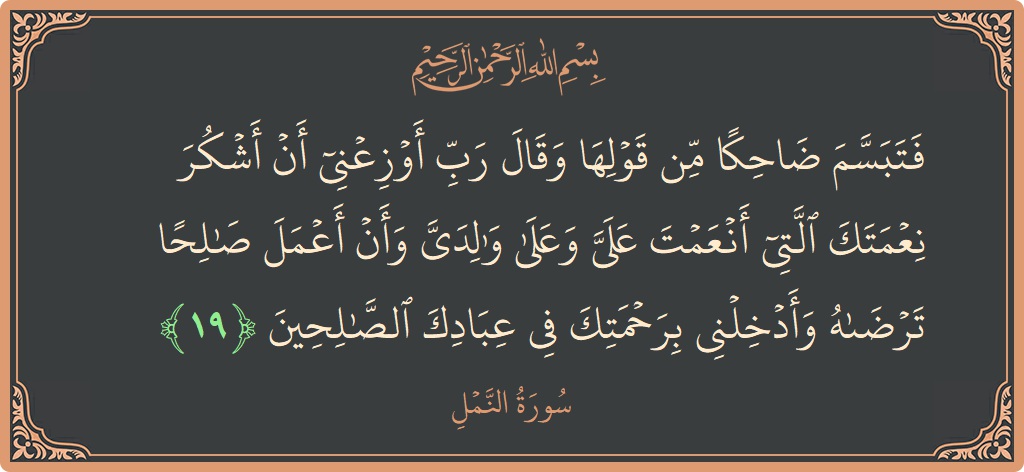19 - Neml Suresi ayeti: (فتبسم ضاحكا من قولها وقال رب أوزعني أن أشكر نعمتك التي أنعمت علي وعلى والدي وأن أعمل صالحا ترضاه وأدخلني...) - Türkçe
