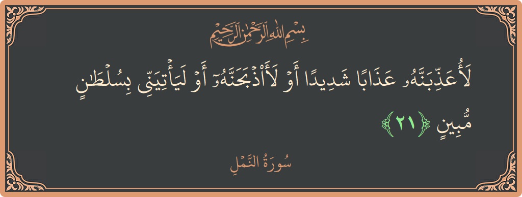 21 - Neml Suresi ayeti: (لأعذبنه عذابا شديدا أو لأذبحنه أو ليأتيني بسلطان مبين...) - Türkçe