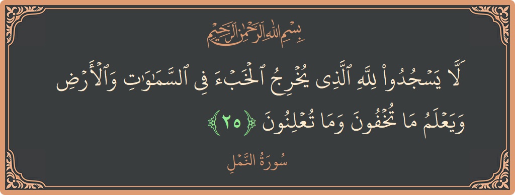 25 - Neml Suresi ayeti: (ألا يسجدوا لله الذي يخرج الخبء في السماوات والأرض ويعلم ما تخفون وما تعلنون...) - Türkçe