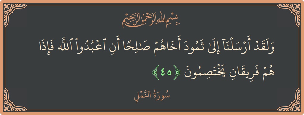 45 - Neml Suresi ayeti: (ولقد أرسلنا إلى ثمود أخاهم صالحا أن اعبدوا الله فإذا هم فريقان يختصمون...) - Türkçe