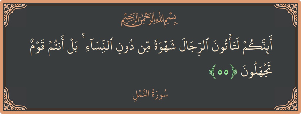55 - Neml Suresi ayeti: (أئنكم لتأتون الرجال شهوة من دون النساء ۚ بل أنتم قوم تجهلون...) - Türkçe