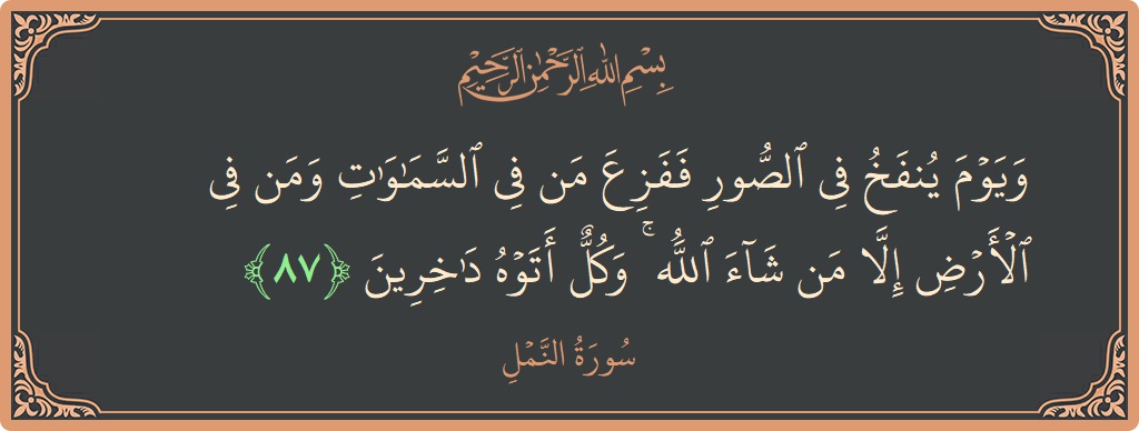 87 - Neml Suresi ayeti: (ويوم ينفخ في الصور ففزع من في السماوات ومن في الأرض إلا من شاء الله ۚ وكل أتوه داخرين...) - Türkçe