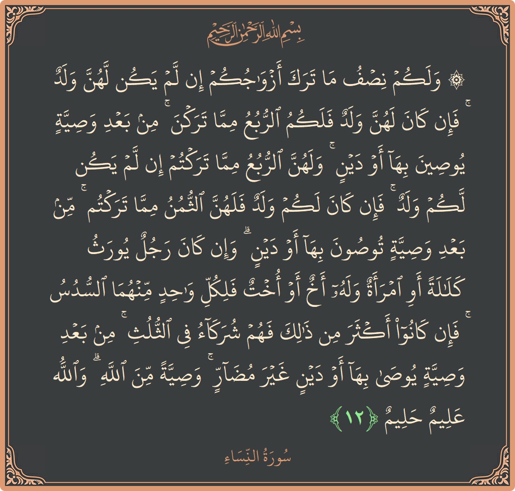 آیت 12 - سورہ نساء: (۞ ولكم نصف ما ترك أزواجكم إن لم يكن لهن ولد ۚ فإن كان لهن ولد فلكم الربع مما تركن...) - اردو